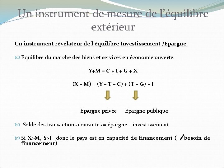 Un instrument de mesure de l’équilibre extérieur Un instrument révélateur de l’équilibre Investissement /Epargne: