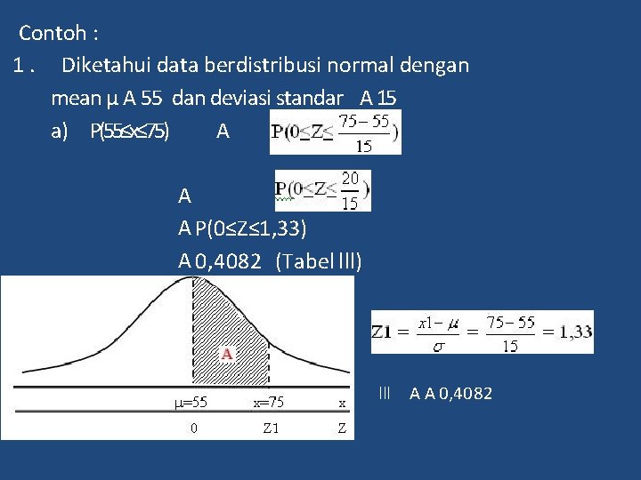Contoh : 1. Diketahui data berdistribusi normal dengan mean μ A 55 dan deviasi