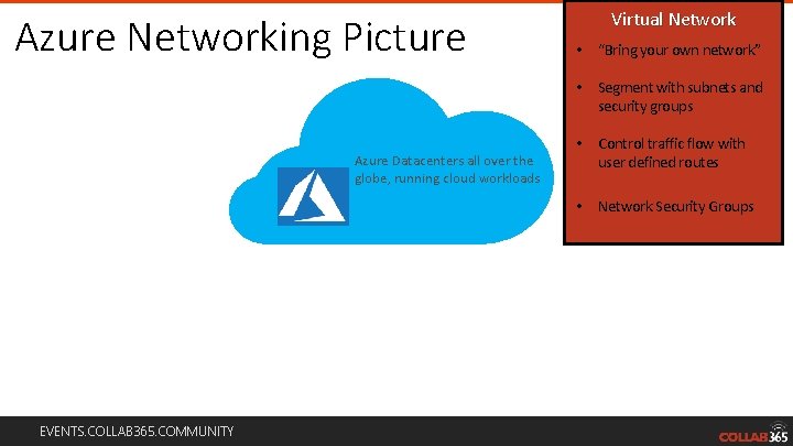 Azure Networking Picture Virtual Network • “Bring your own network” • Segment with subnets