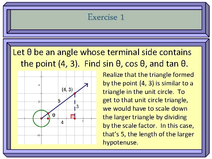 Exercise 1 Let θ be an angle whose terminal side contains the point (4,