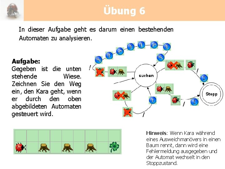 Übung 6 In dieser Aufgabe geht es darum einen bestehenden Automaten zu analysieren. Aufgabe: