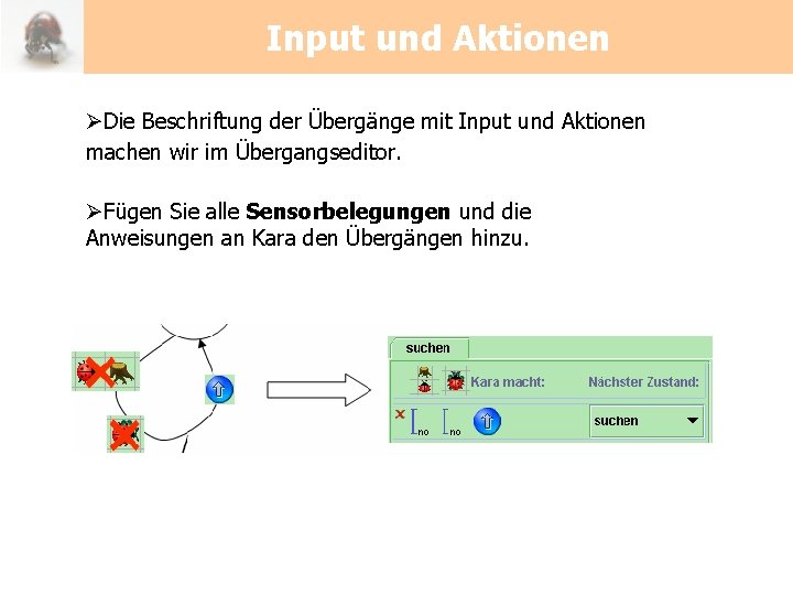 Input und Aktionen ØDie Beschriftung der Übergänge mit Input und Aktionen machen wir im