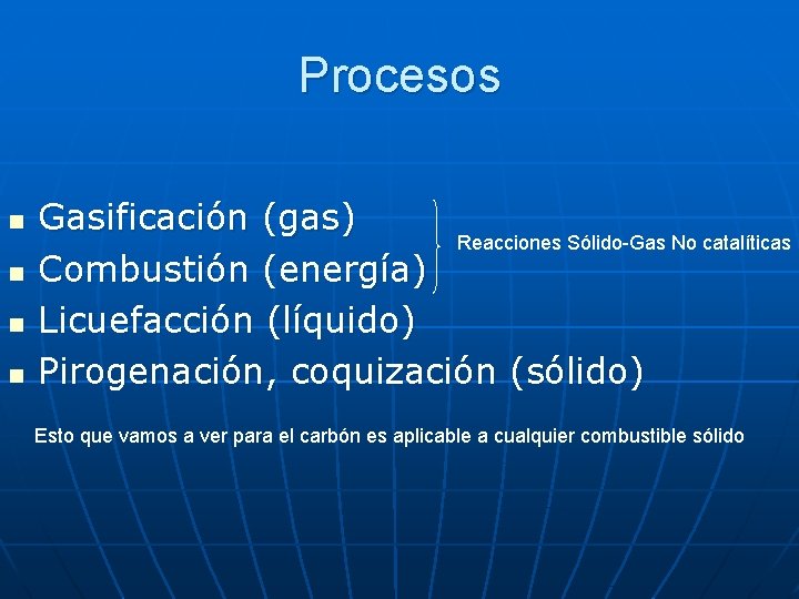 Procesos n n Gasificación (gas) Reacciones Sólido-Gas No catalíticas Combustión (energía) Licuefacción (líquido) Pirogenación,