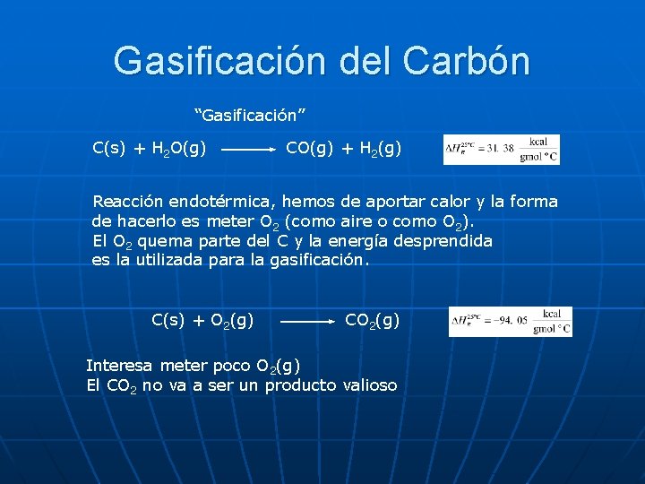 Gasificación del Carbón “Gasificación” C(s) + H 2 O(g) CO(g) + H 2(g) Reacción