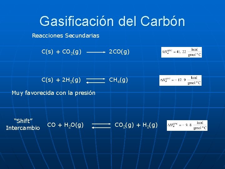 Gasificación del Carbón Reacciones Secundarias C(s) + CO 2(g) 2 CO(g) C(s) + 2