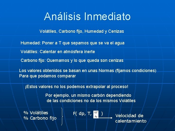 Análisis Inmediato Volátiles, Carbono fijo, Humedad y Cenizas Humedad: Poner a T que sepamos