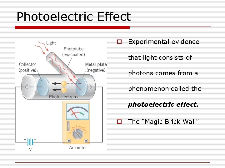 Photoelectric Effect o Experimental evidence that light consists of photons comes from a phenomenon