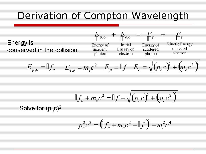 Derivation of Compton Wavelength Energy is conserved in the collision. Solve for (pec)2 