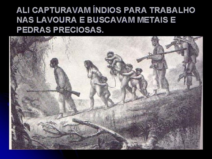 ALI CAPTURAVAM ÍNDIOS PARA TRABALHO NAS LAVOURA E BUSCAVAM METAIS E PEDRAS PRECIOSAS. 