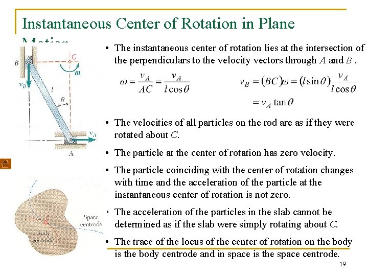 Instantaneous Center of Rotation in Plane Motion • The instantaneous center of rotation lies