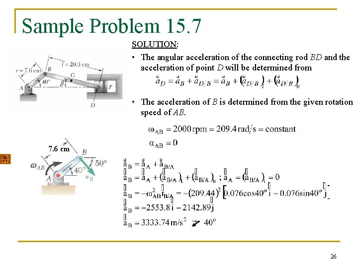 Sample Problem 15. 7 SOLUTION: • The angular acceleration of the connecting rod BD