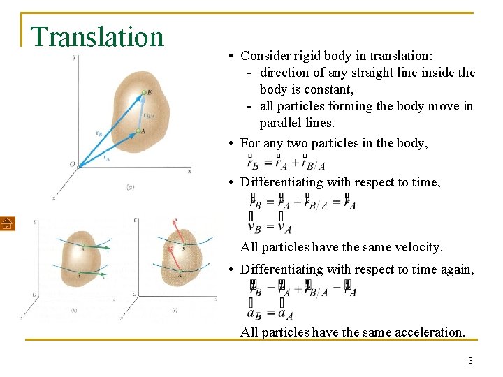 Translation • Consider rigid body in translation: - direction of any straight line inside