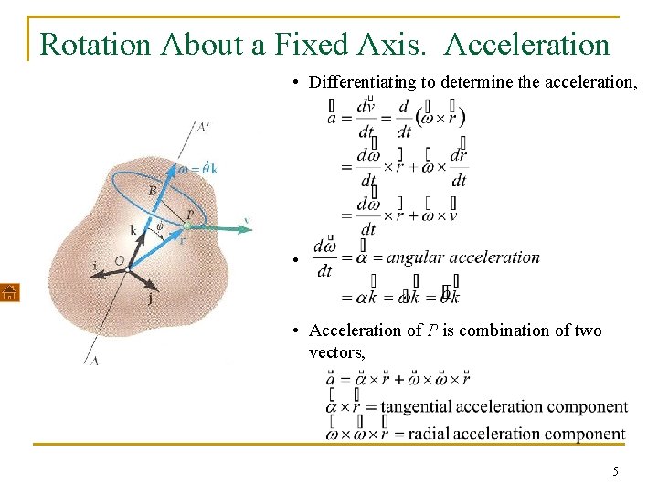 Rotation About a Fixed Axis. Acceleration • Differentiating to determine the acceleration, • •