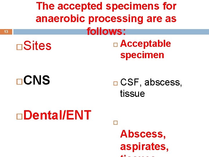 The accepted specimens for anaerobic processing are as follows: 13 Sites CNS Dental/ENT Acceptable