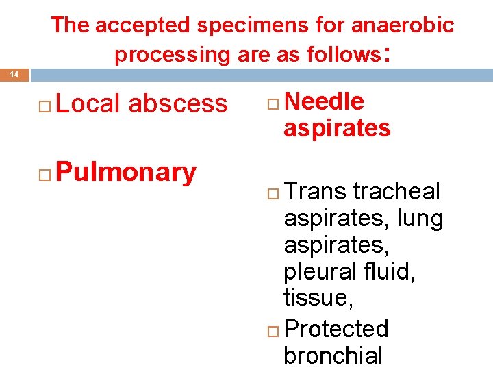 The accepted specimens for anaerobic processing are as follows: 14 Local abscess Pulmonary Needle
