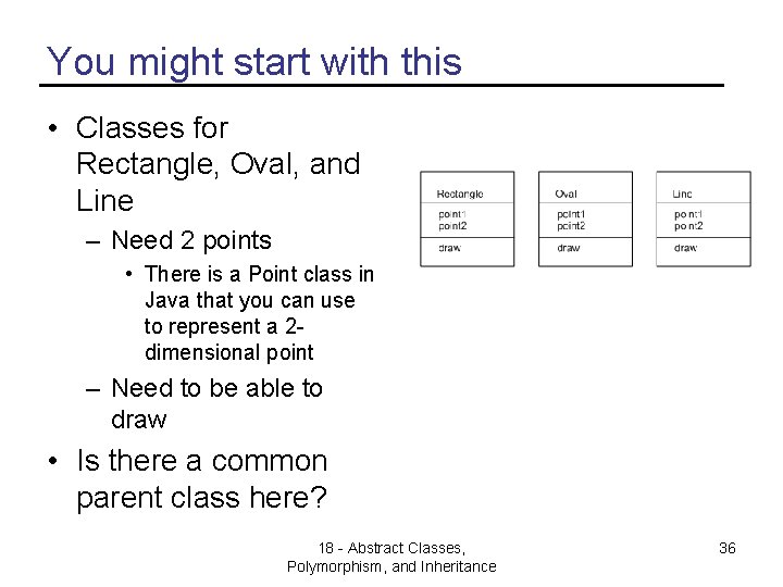 You might start with this • Classes for Rectangle, Oval, and Line – Need