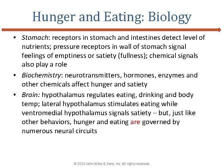 Hunger and Eating: Biology • Stomach: receptors in stomach and intestines detect level of