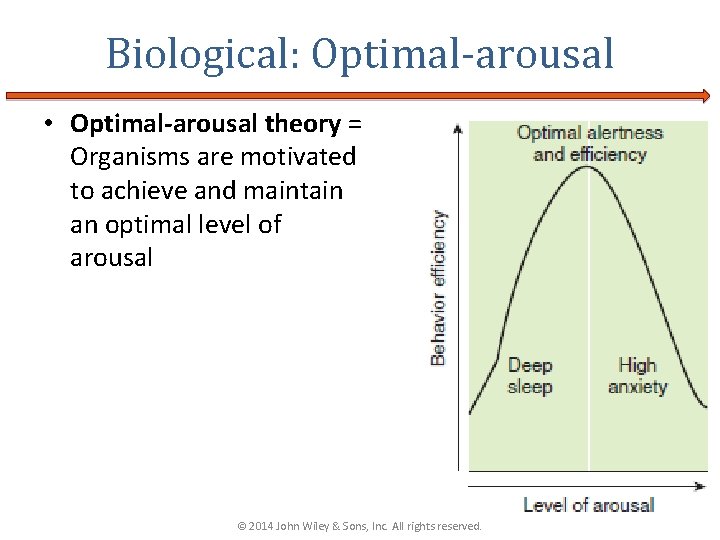 Biological: Optimal-arousal • Optimal-arousal theory = Organisms are motivated to achieve and maintain an