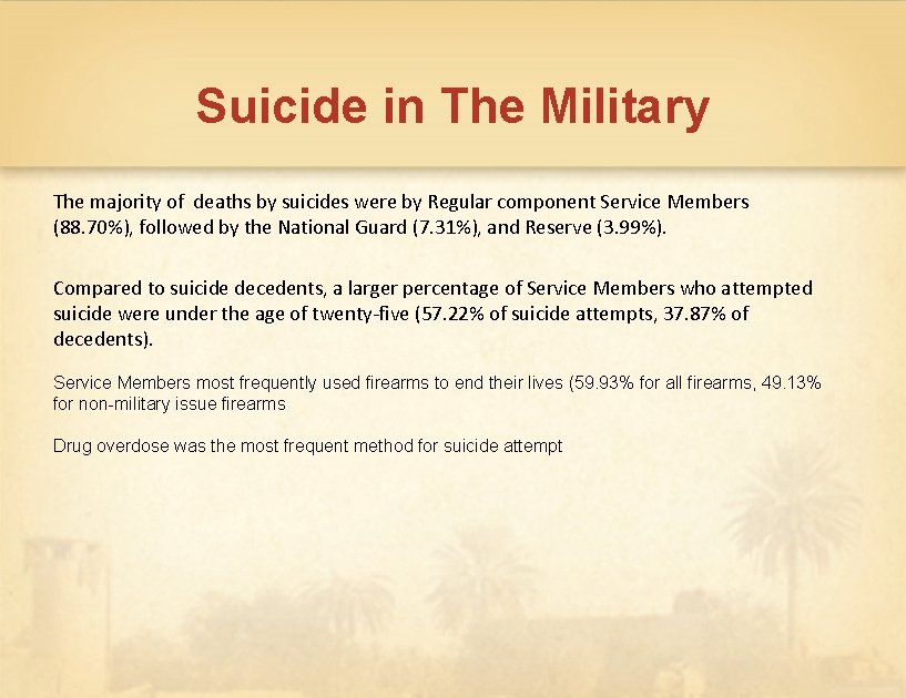 Suicide in The Military The majority of deaths by suicides were by Regular component