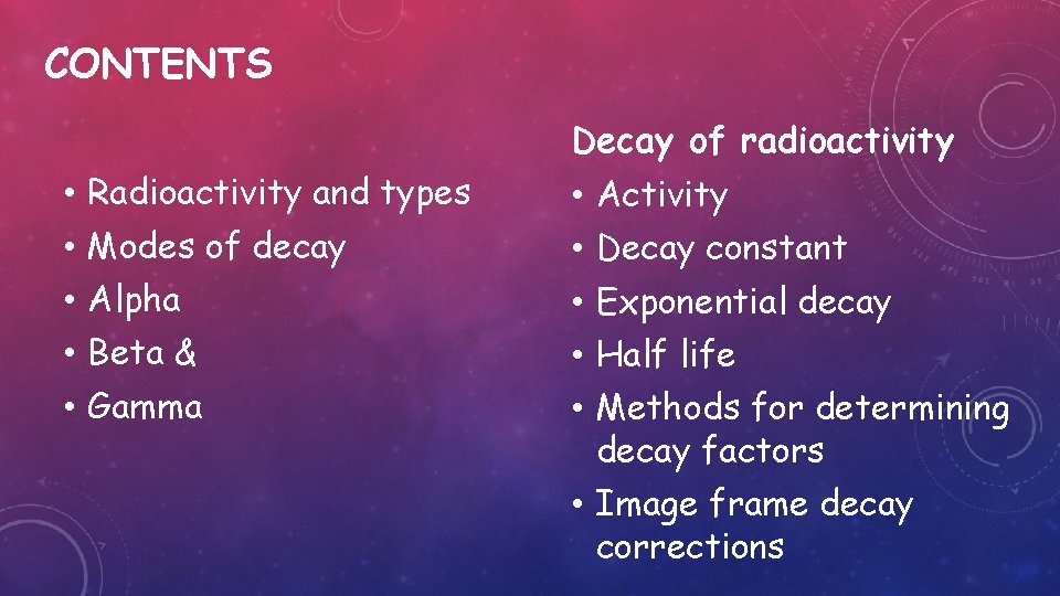 CONTENTS Decay of radioactivity • • • Radioactivity and types Modes of decay Alpha
