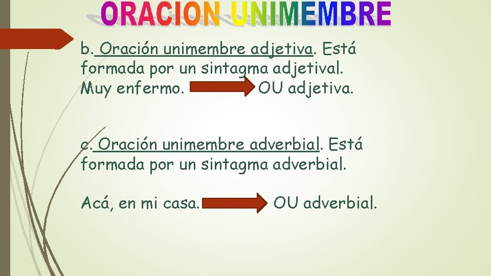 b. Oración unimembre adjetiva. Está formada por un sintagma adjetival. Muy enfermo. OU adjetiva.