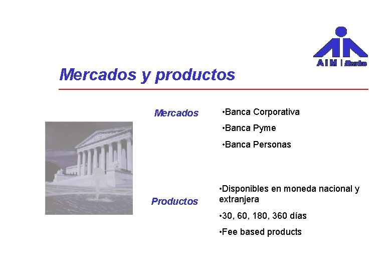 Mercados y productos Mercados • Banca Corporativa • Banca Pyme • Banca Personas Productos