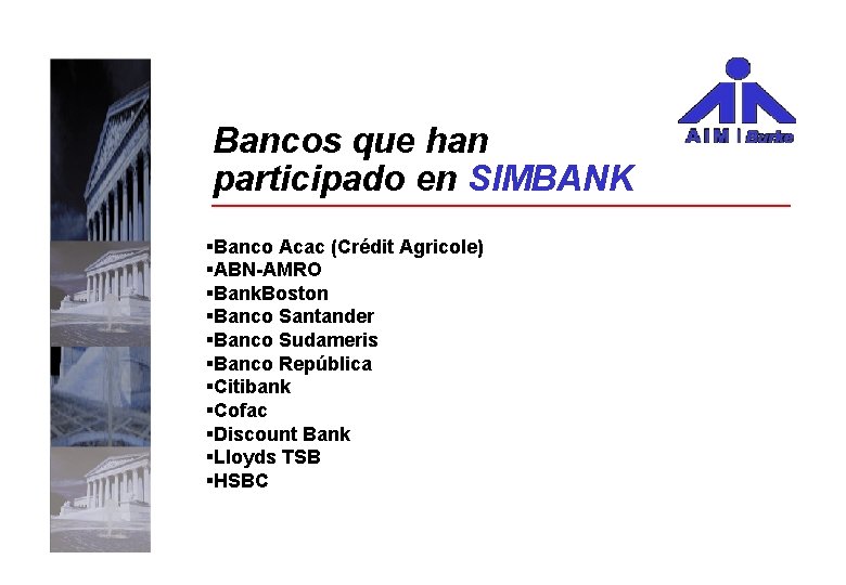 Bancos que han participado en SIMBANK §Banco Acac (Crédit Agricole) §ABN-AMRO §Bank. Boston §Banco