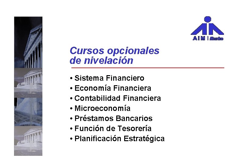 Cursos opcionales de nivelación • Sistema Financiero • Economía Financiera • Contabilidad Financiera •