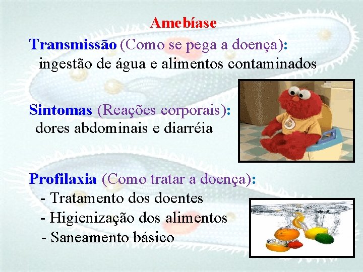 Amebíase Transmissão (Como se pega a doença): ingestão de água e alimentos contaminados Sintomas