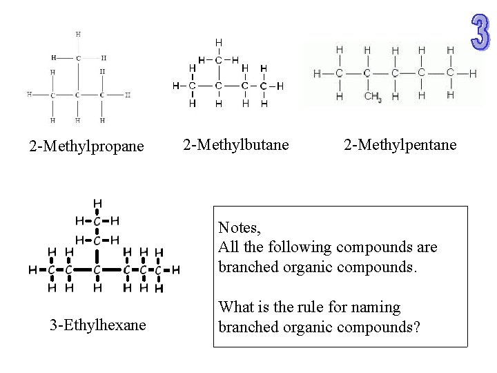 2 -Methylpropane 2 -Methylbutane 2 -Methylpentane Notes, All the following compounds are branched organic 2 -Methylpropane 2 -Methylbutane 2 -Methylpentane Notes, All the following compounds are branched organic