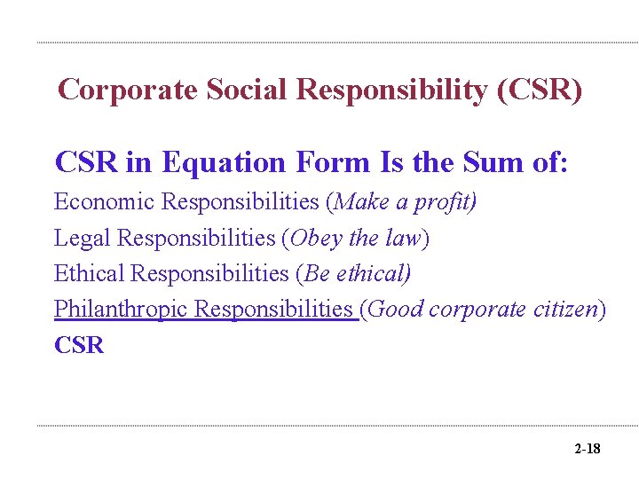 Corporate Social Responsibility (CSR) CSR in Equation Form Is the Sum of: Economic Responsibilities