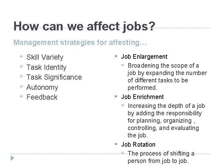 How can we affect jobs? Management strategies for affecting… Skill Variety Task Identity Task