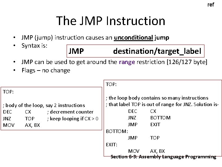 ref The JMP Instruction • JMP (jump) instruction causes an unconditional jump • Syntax ref The JMP Instruction • JMP (jump) instruction causes an unconditional jump • Syntax