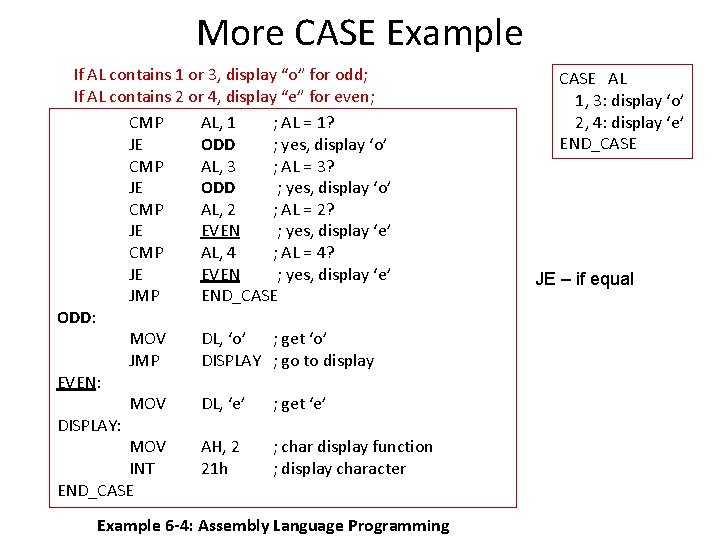 More CASE Example If AL contains 1 or 3, display “o” for odd; If More CASE Example If AL contains 1 or 3, display “o” for odd; If