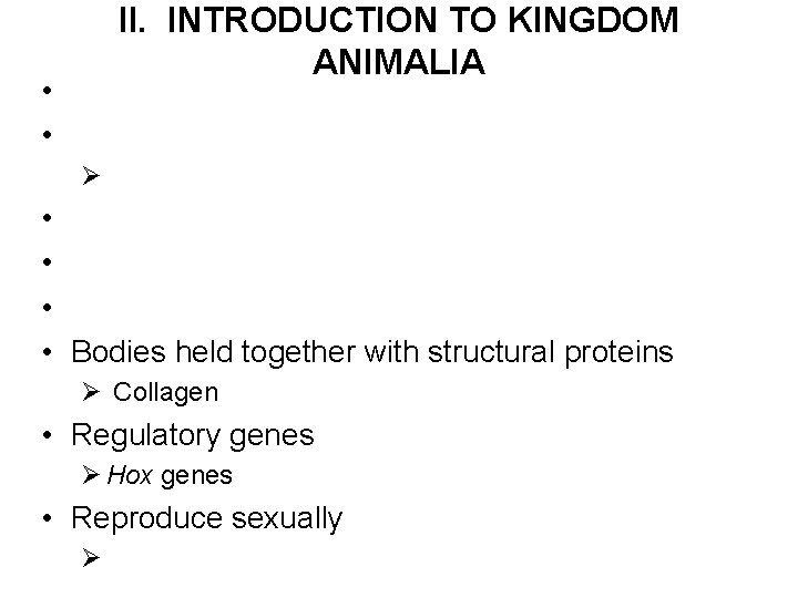 II. INTRODUCTION TO KINGDOM ANIMALIA • • Ø • • Bodies held together with