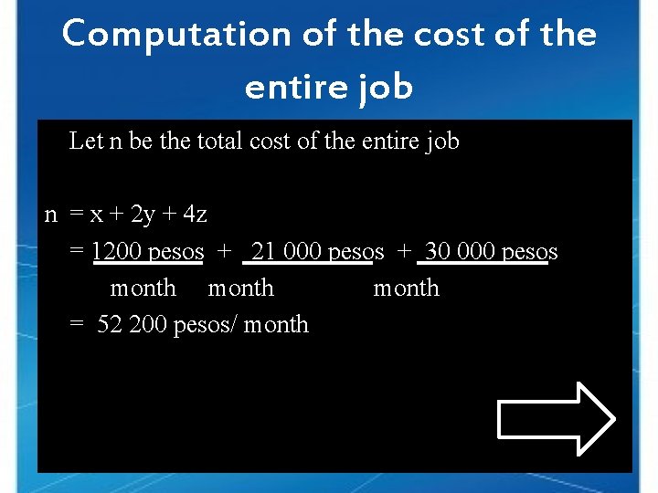 Computation of the cost of the entire job Let n be the total cost