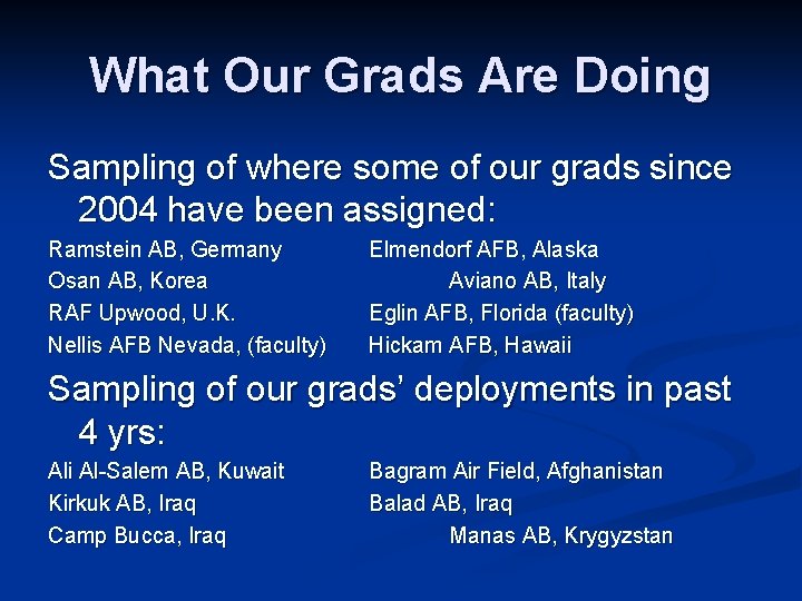 What Our Grads Are Doing Sampling of where some of our grads since 2004