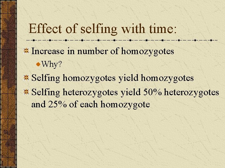Effect of selfing with time: Increase in number of homozygotes Why? Selfing homozygotes yield