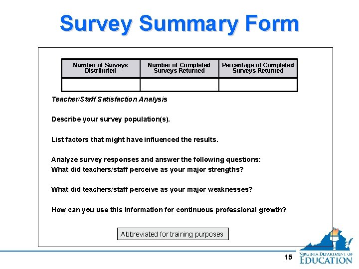 Survey Summary Form Number of Surveys Distributed Number of Completed Surveys Returned Percentage of