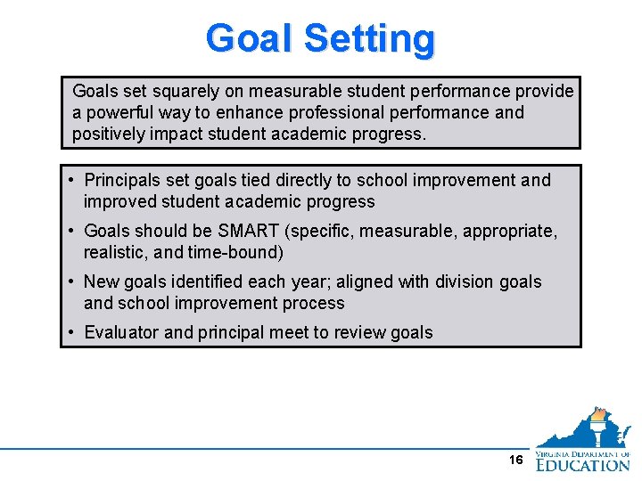 Goal Setting Goals set squarely on measurable student performance provide a powerful way to