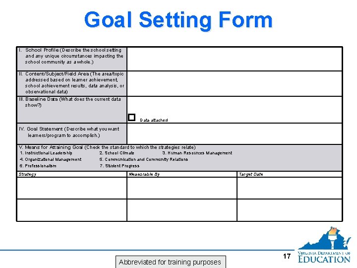 Goal Setting Form I. School Profile (Describe the school setting and any unique circumstances