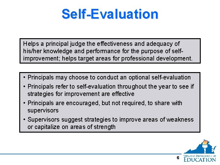 Self-Evaluation Helps a principal judge the effectiveness and adequacy of his/her knowledge and performance