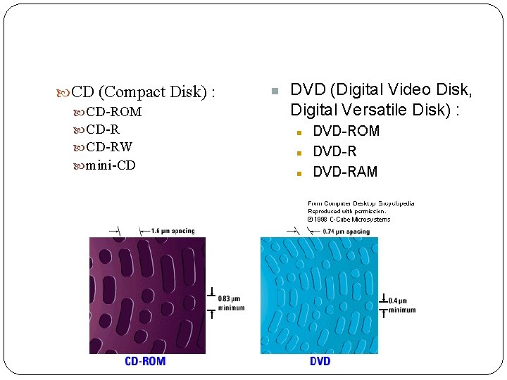  CD (Compact Disk) : CD ROM CD RW mini CD n DVD (Digital