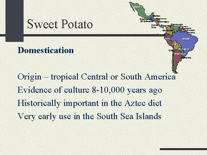 Sweet Potato Domestication Origin – tropical Central or South America Evidence of culture 8