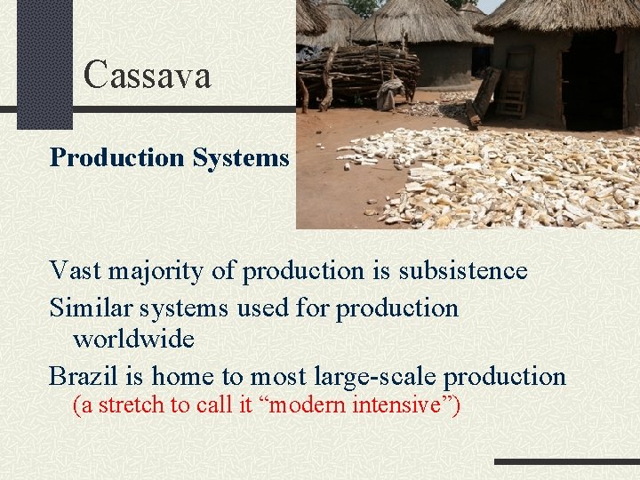 Cassava Production Systems Vast majority of production is subsistence Similar systems used for production