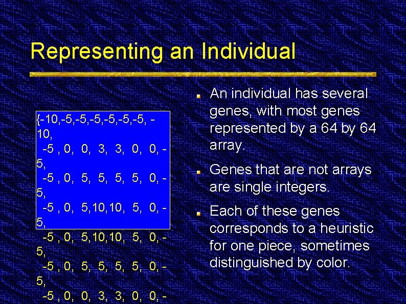 Representing an Individual {-10, -5, -5, -5, 10, -5 , 0, 0, 3, 3,