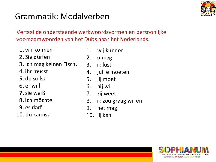 Grammatik: Modalverben Vertaal de onderstaande werkwoordsvormen en persoonlijke voornaamwoorden van het Duits naar het