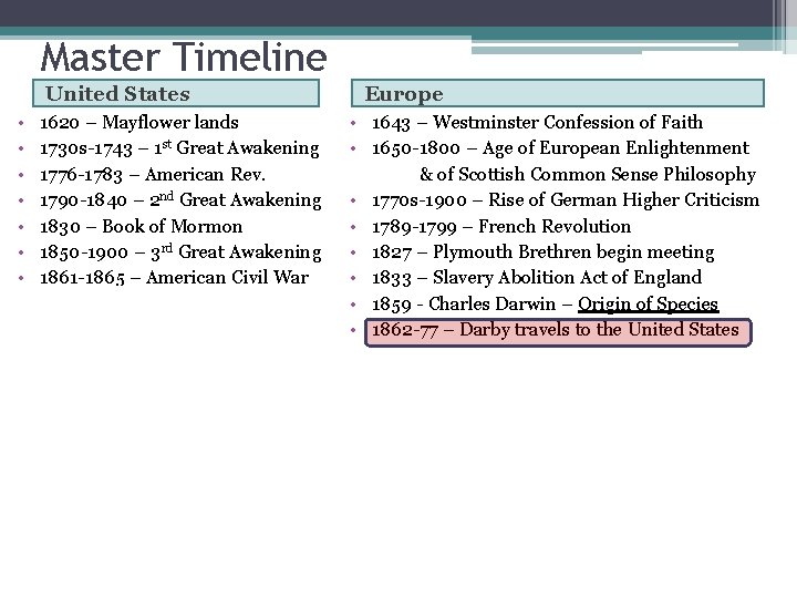 Master Timeline United States • • • • • 1620 – Mayflower lands •