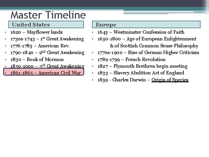 Master Timeline United States • • • • • 1620 – Mayflower lands •