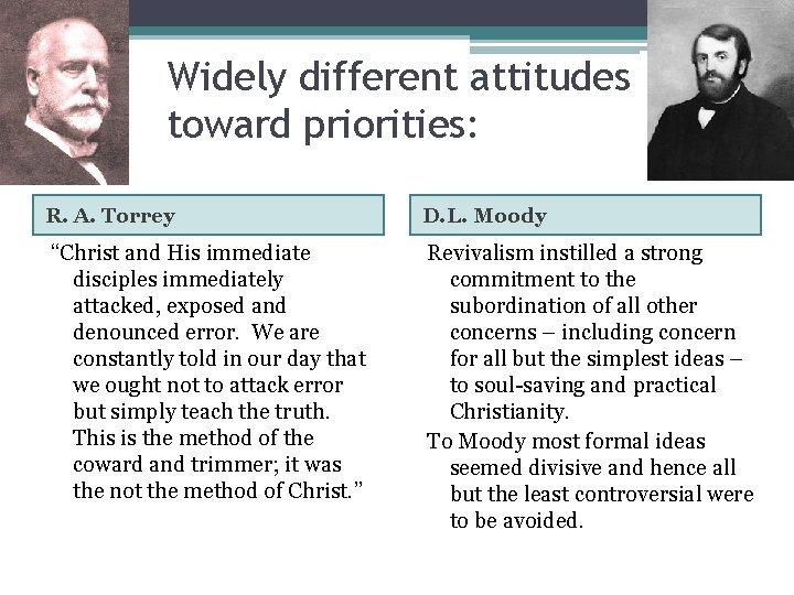 Widely different attitudes toward priorities: R. A. Torrey D. L. Moody “Christ and His